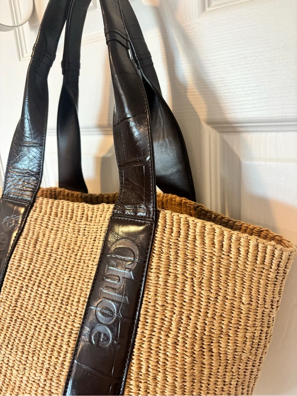Chloe Tan Straw Tote with Dark Brown Leather Straps